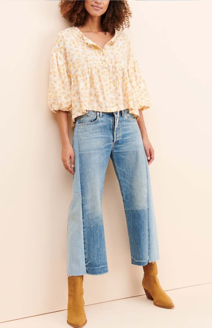 We The Free Free People Floral Linen Blend Babydoll Blouse Puff Sleeve M - Picture 2 of 11